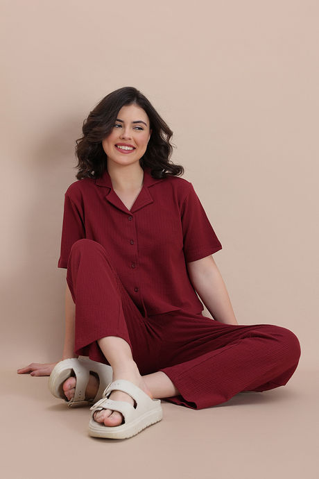 Zivame Knit Cotton Loungewear Set - New Maroon — image 4